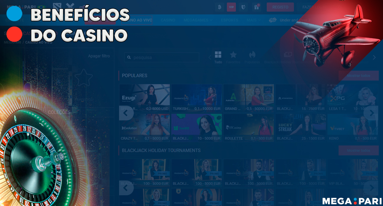 Benefícios do Megapari Casino, como fichas de cassino, cartas de baralho, roleta e apostas esportivas.